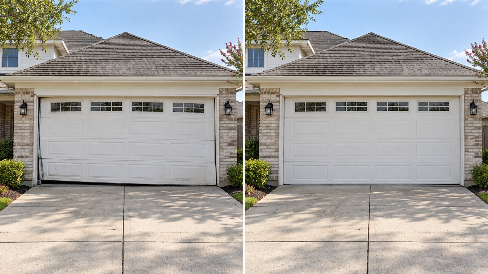 Before and after comparison of a damaged garage door restored to a clean, aligned condition